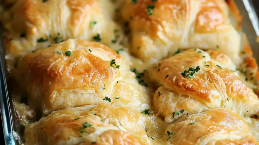 cheesy chicken crescent bake in a casserole dish