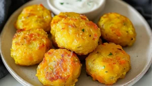 a plate full of baked yellow squash tots with sour cream on top, and the words easy baked yellow squash tots garden fresh favorite