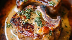 a piece of meat with sauce and herbs on it
