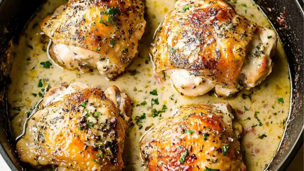 creamy oven baked chicken thighs in a white sauce with herbs on top and the words, creamy oven baked chicken thighs
