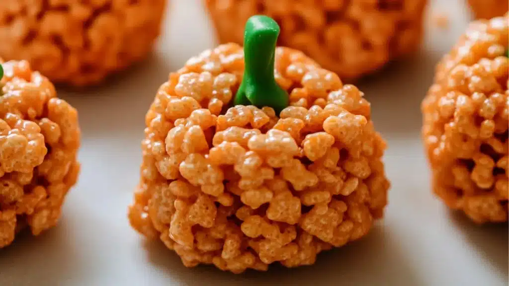pumpkin rice krispie treats on a white plate