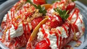 strawberry crunch cheesecake tacos with whipped cream on top