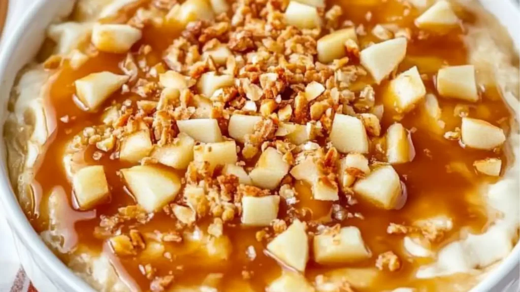 caramel apple cheesecake dip with pecans and apples