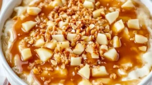 caramel apple cheesecake dip with pecans and apples