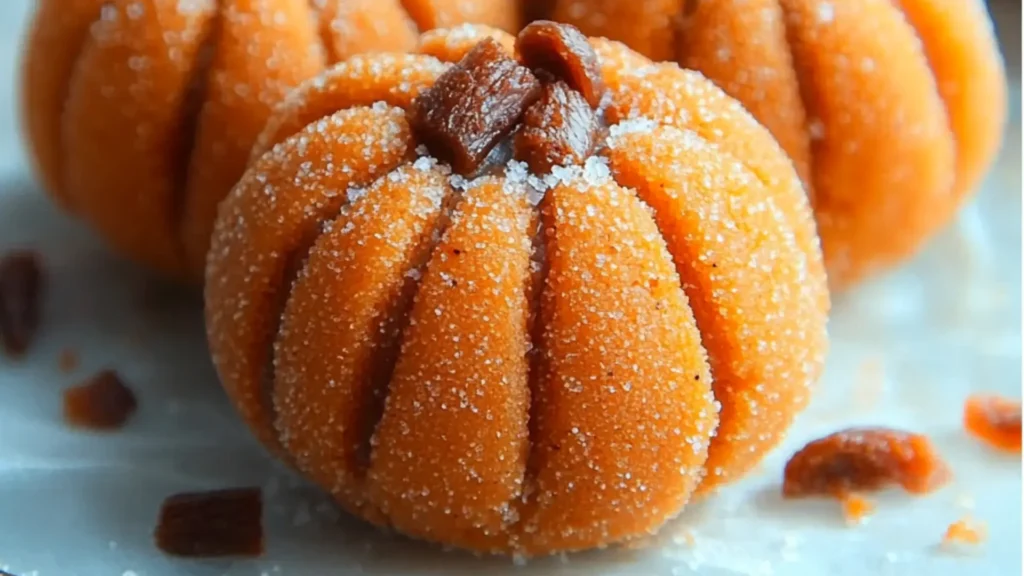 small pumpkin shaped pastries on a wooden table