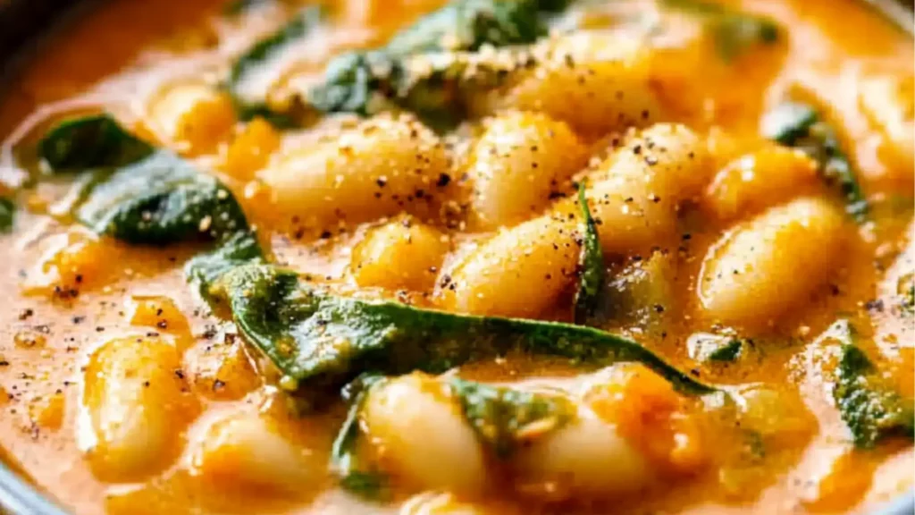 Copper pot with plant-based creamy tomato and white bean stew, with two slices of gluten free bread tucked in on the right side of the stew. Drizzled with olive oil and garnished with fresh basil.