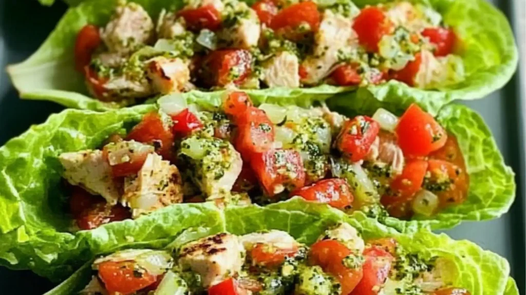 Colorful pesto chicken lettuce wraps are shown on a plate. The chicken is cooked with bright green pesto. These healthy wraps make a good quick meal.