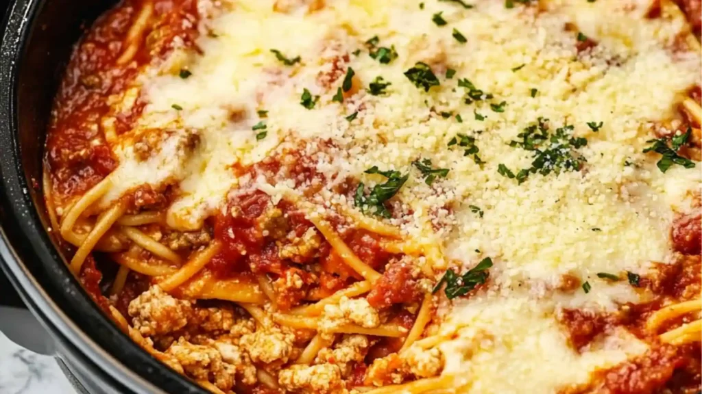 the crock pot is filled with pasta and cheese, then covered in sauces