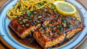 slow cooker honey garlic glazed salmon in a crock pot with text overlay