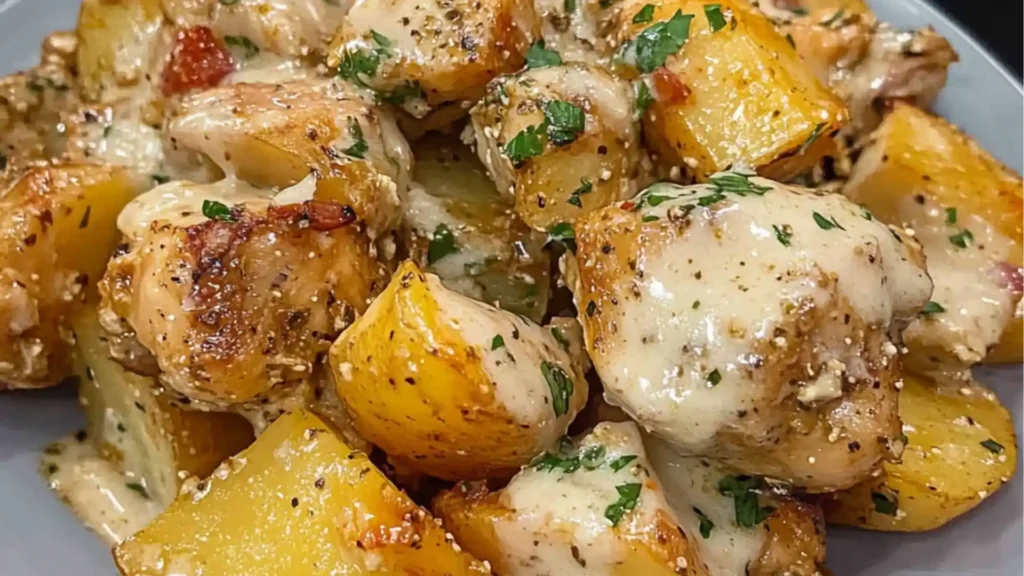 the homemade garlic parmesan crockpot chicken and potatoes casserole is ready to be eaten