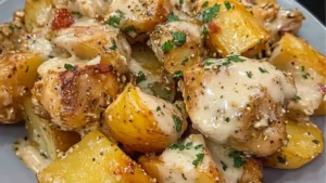 the homemade garlic parmesan crockpot chicken and potatoes casserole is ready to be eaten