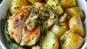 slow cooker seasoned chicken, potatoes and green beans recipe with text overlay that says slow cooker seasoned chicken potatoes and green beans recipe