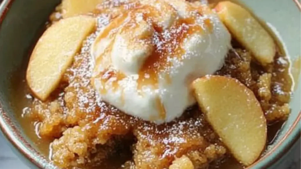 two bowls filled with crockpot caramel apple dump cake and ice cream on top