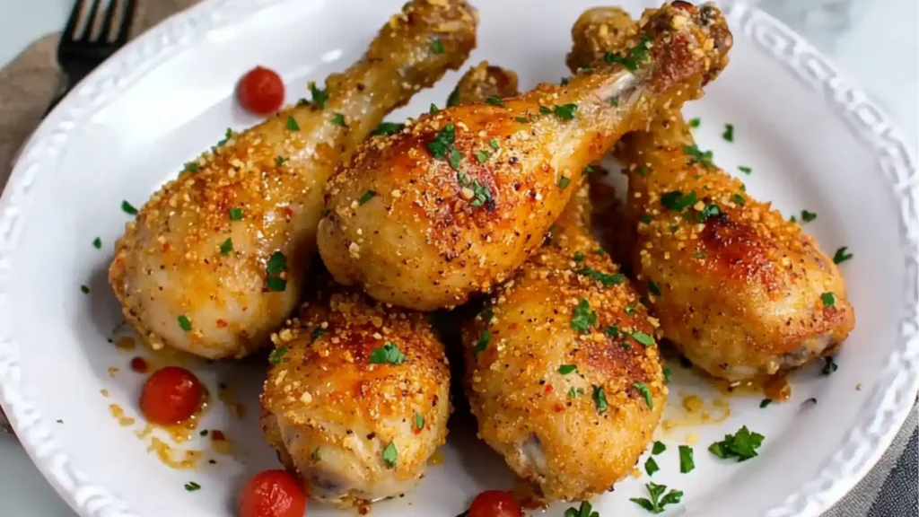 chicken drums with parmesan cheese and herbs on top