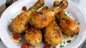 chicken drums with parmesan cheese and herbs on top