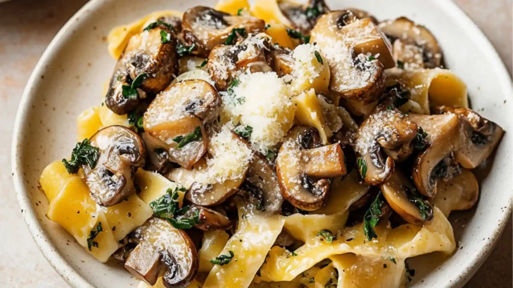 pasta with mushrooms and parsley on a white plat