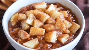 bowl of apple pie dip with cinnamon sugar chips and a sheet pan of baked cinnamon sugar tortilla chips.