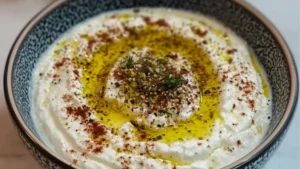 two bowls filled with roasted garlic and herb whipped feta