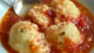 hearty tomato soup with cheddar bay dumplings in a white casserole dish