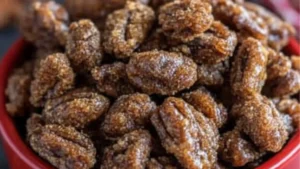 slow cooker candied pecans in a bowl with the words slow cooker candies