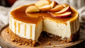 an apple cider cheesecake with caramel sauce on top