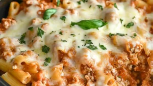 homemade slow cooker baked pasta with parsley on top and the title overlay reads homemade slow cooker baked pasta perfect for any night dinners