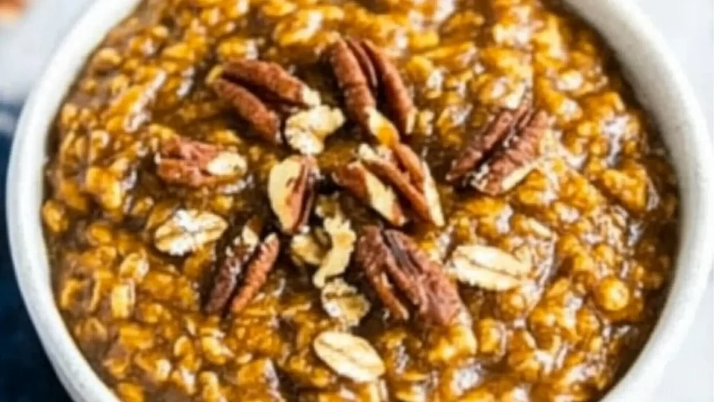 pumpkin pie oatmeal in a white bowl with pecans on the side