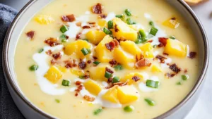 hearty cheddar garlic herb potato soup recipe in a bowl with bread on the side