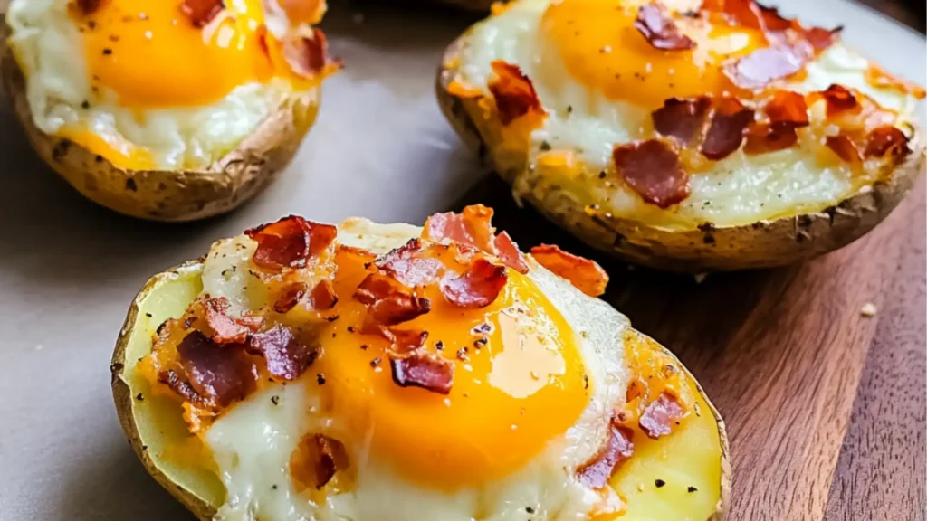 eggs and bacon are on top of some baked bread with cheese in the middle, sitting on a cutting board