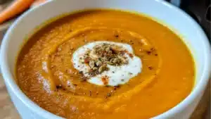 roasted carrot soup in a bowl with text overlay