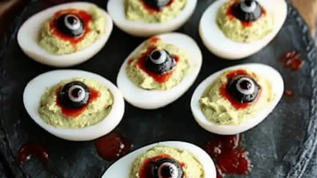 deviled eggs decorated with googly eyes and spooky halloween snack recipe creepy eyeball deviled eggs