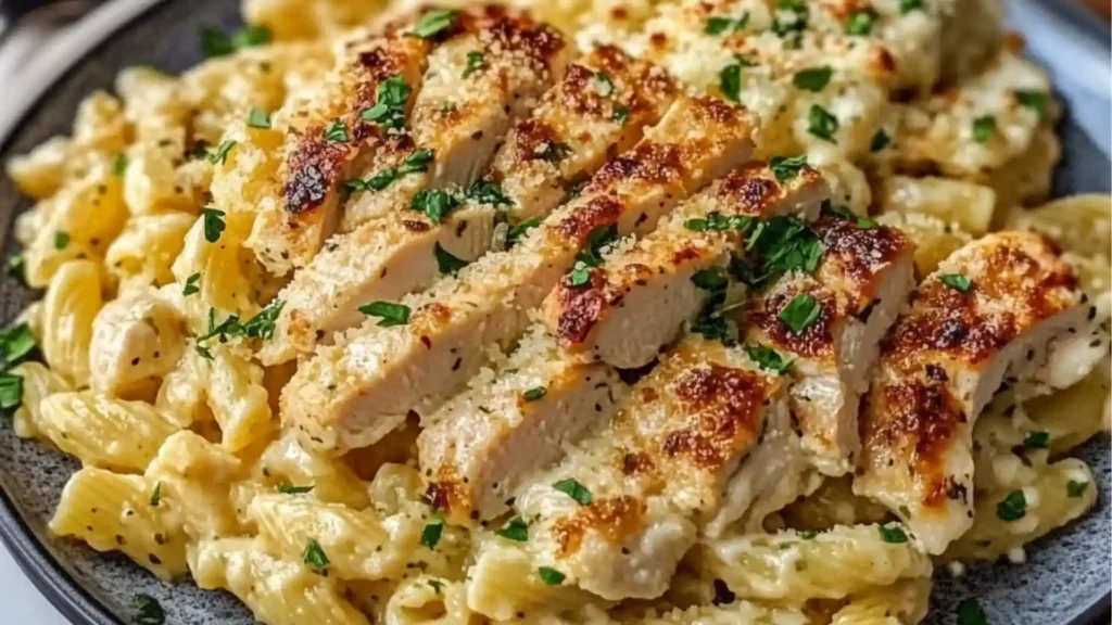a person is holding a fork in a bowl of chicken and pasta casserole