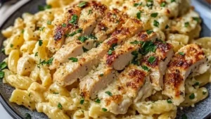 a person is holding a fork in a bowl of chicken and pasta casserole