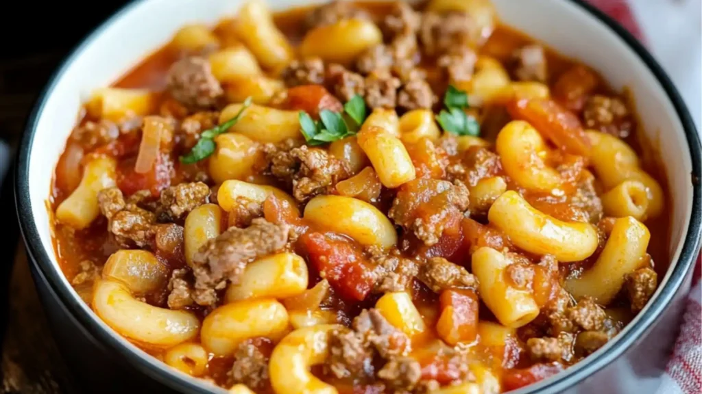 hearty old fashioned goulash recipe in a cast iron skillet with text overlay