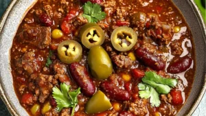 a large bowl filled with chili and meat