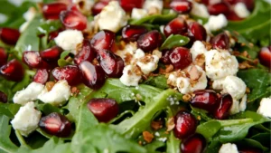 bowl filled with salad and topped with pomegranate and goat cheese