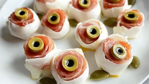 an image of food on a plate with the words antipasto eyeballs halloween appetizer