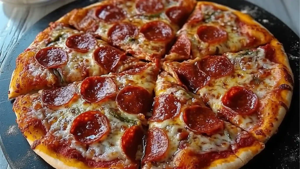 black stone crispy pizza with basil and cheesy toppings on the top
