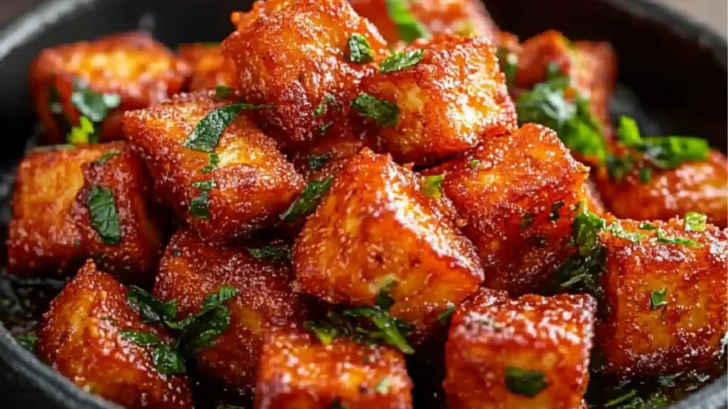 the paneer 65 is served on a plate with green leaves and spices in it