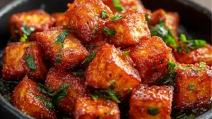 the paneer 65 is served on a plate with green leaves and spices in it