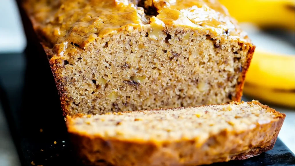 slice of banana bread on top of a cutting board with bananas in the background