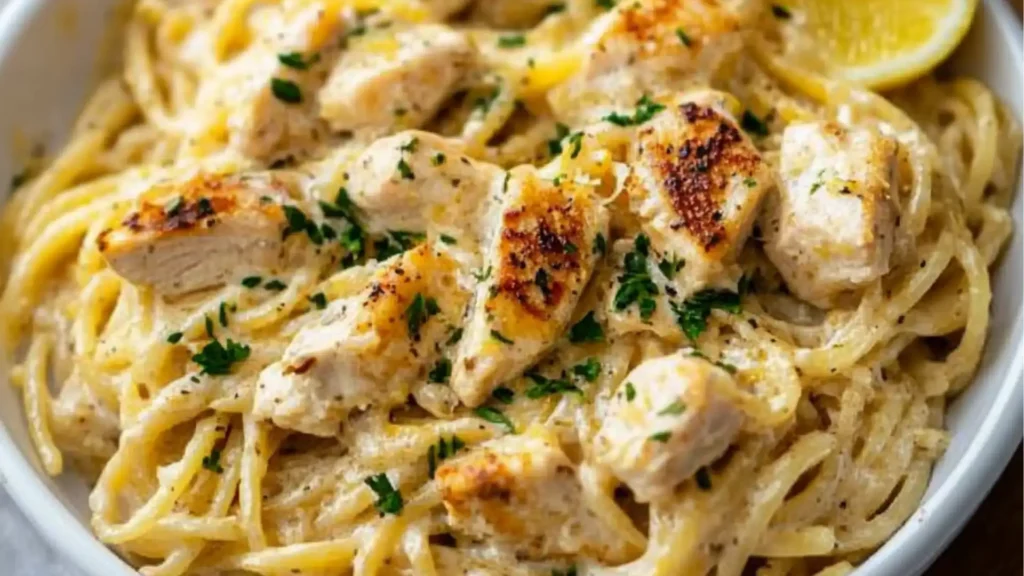 lemon chicken pasta bake in a white dish with the title overlay reading gluten & dairy free lemon chicken pasta bake