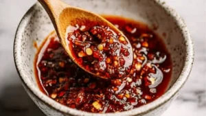 three ingredient garlic chili oil recipe in a glass jar with red peppers on the side