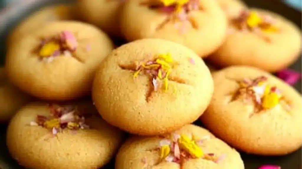 several cookies on a plate with the words nankhatai