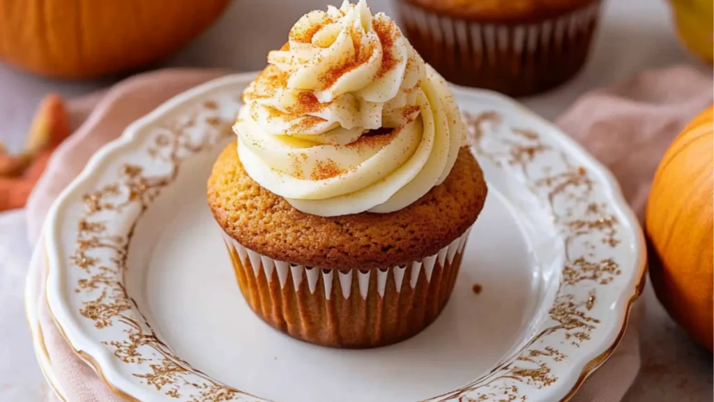 a hand holding a cupcake with white frosting and orange candies on top