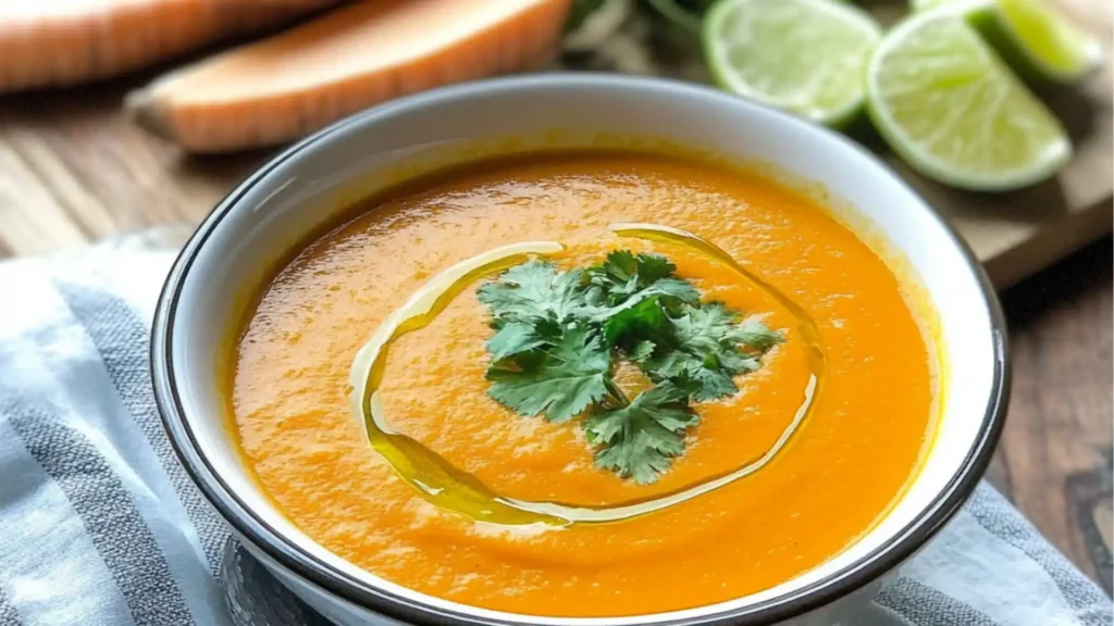 bowls of carrot parsnip ginger lime soup on top of a wooden table