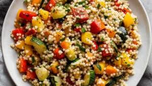 roasted vegetable pearl couscous with lemon and feta in a white bowl on a blue background