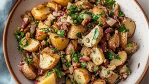 balsamic potato salad with tomatoes and onions in a white bowl on the side