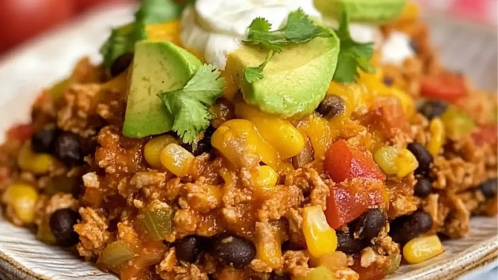 an easy crockpot taco casserole recipe with black beans and corn