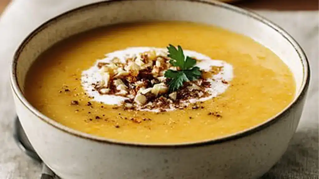 bowl of roasted parsnip soup with garnishes on top
